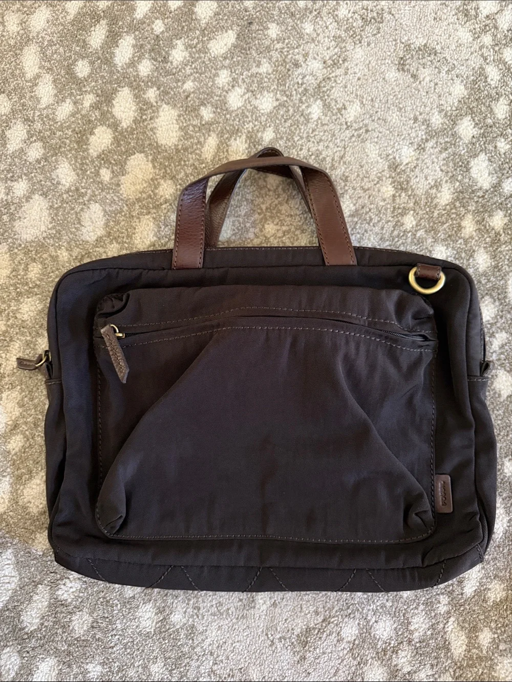 Fossil Mens  Brown Nylon Canvas Briefcase with Leather Handles and webbing strap